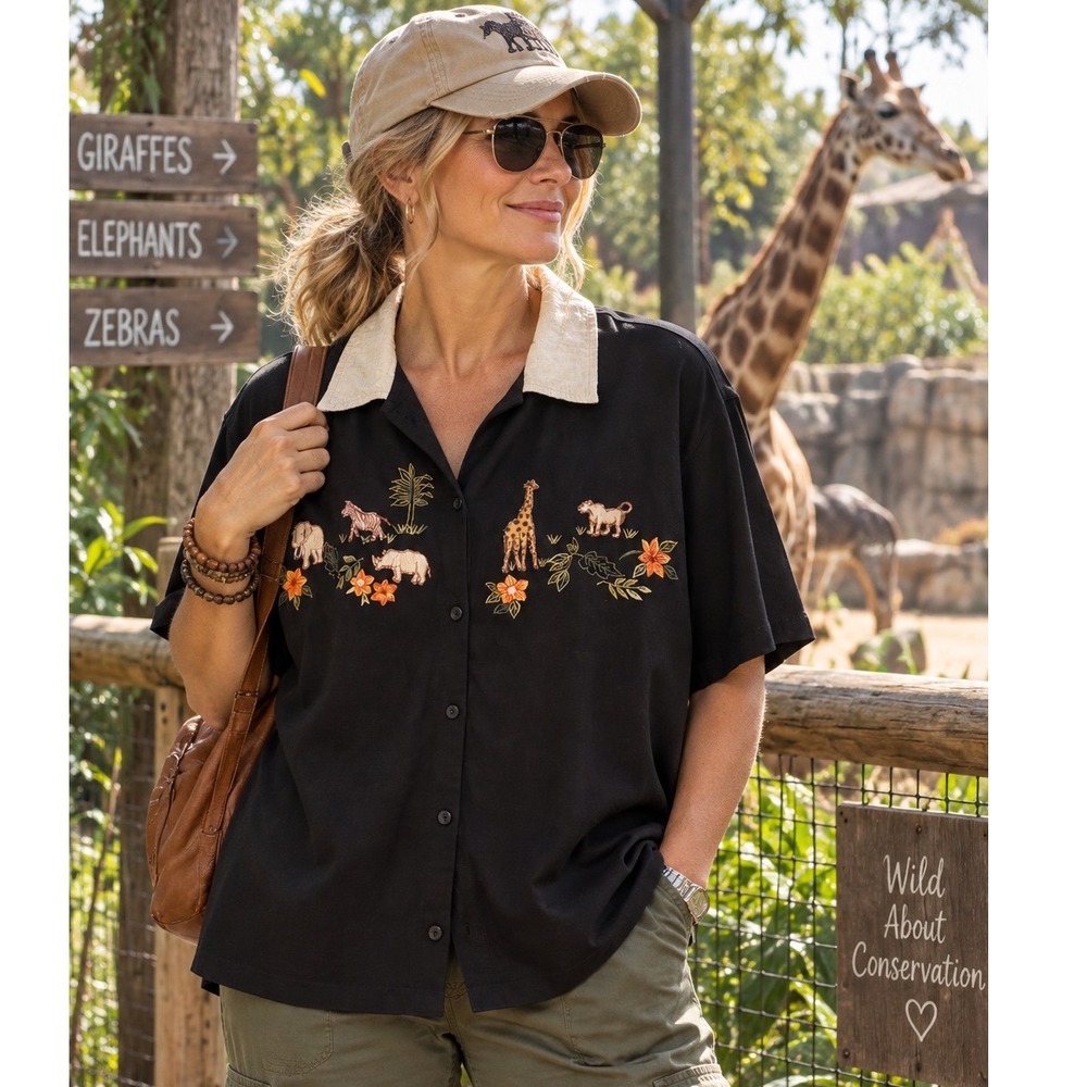 Victoria Jones Woman Vintage Safari Shirt 3X Black Embroidered Animal Blouse